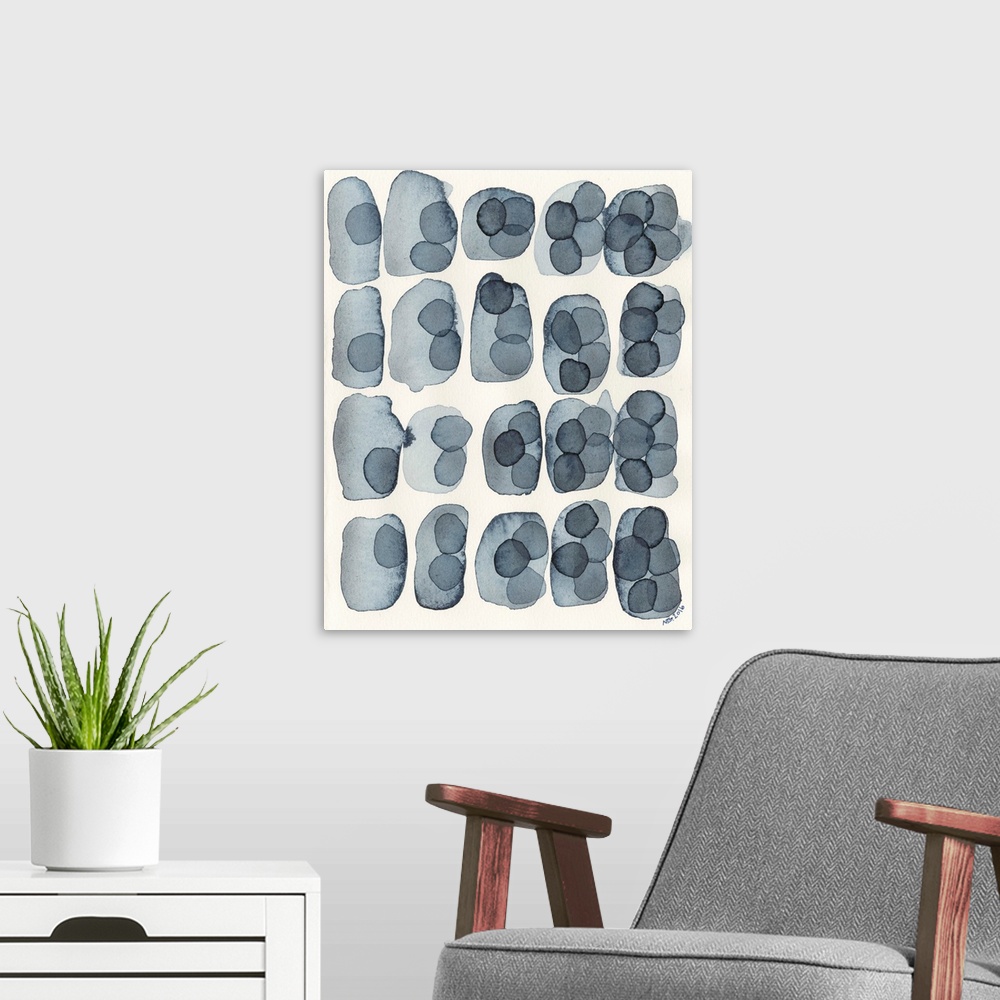 A modern room featuring Contemporary abstract painting of a grid of organic shapes in indigo blue against a neutral backg...
