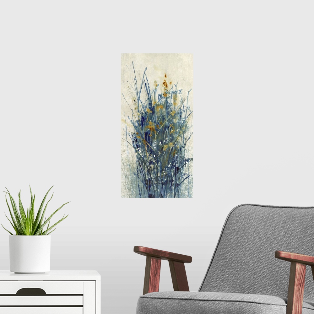 A modern room featuring Contemporary abstract artwork using dark cool tones in wispy line strokes creating what looks lik...