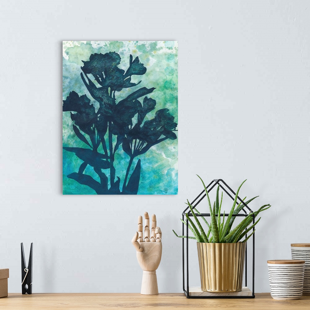 A bohemian room featuring A contemporary painting of a silhouetted grouping of flowers against a light blue abstract backgr...