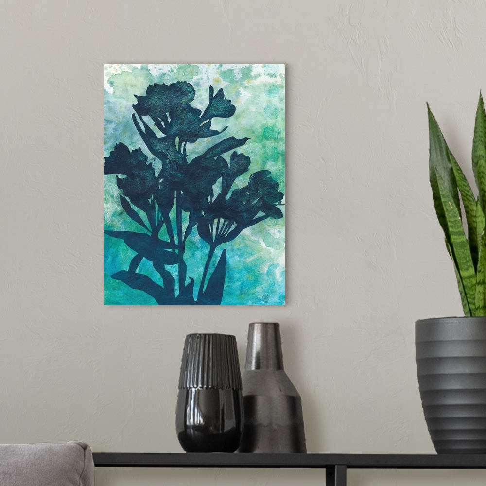 A modern room featuring A contemporary painting of a silhouetted grouping of flowers against a light blue abstract backgr...