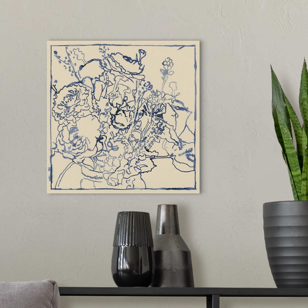 A modern room featuring Indigo Floral Sketch I