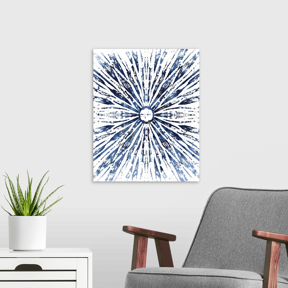 A modern room featuring Decorative abstract artwork with a design in indigo and white.