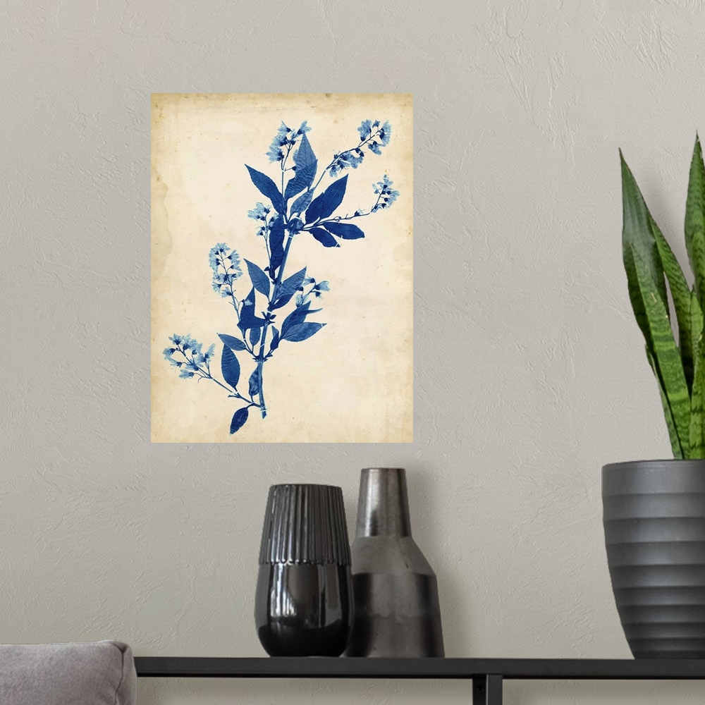 A modern room featuring Contemporary artwork of blue flowers against a weathered beige background.