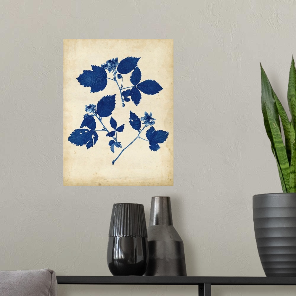 A modern room featuring Contemporary artwork of blue flowers against a weathered beige background.