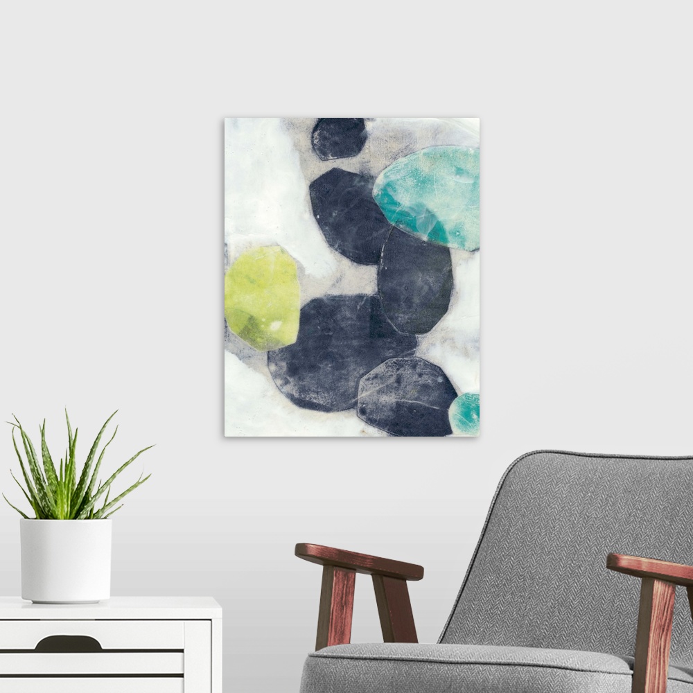 A modern room featuring Contemporary painting with abstracted ovular forms in indigo and green on a neutral background.