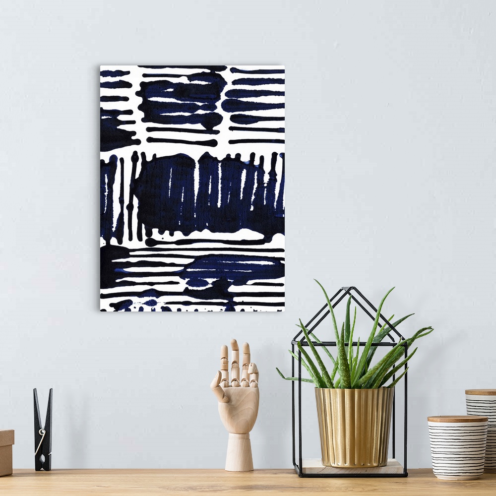 A bohemian room featuring Contemporary patterned artwork using dark indigo blue against a white background.