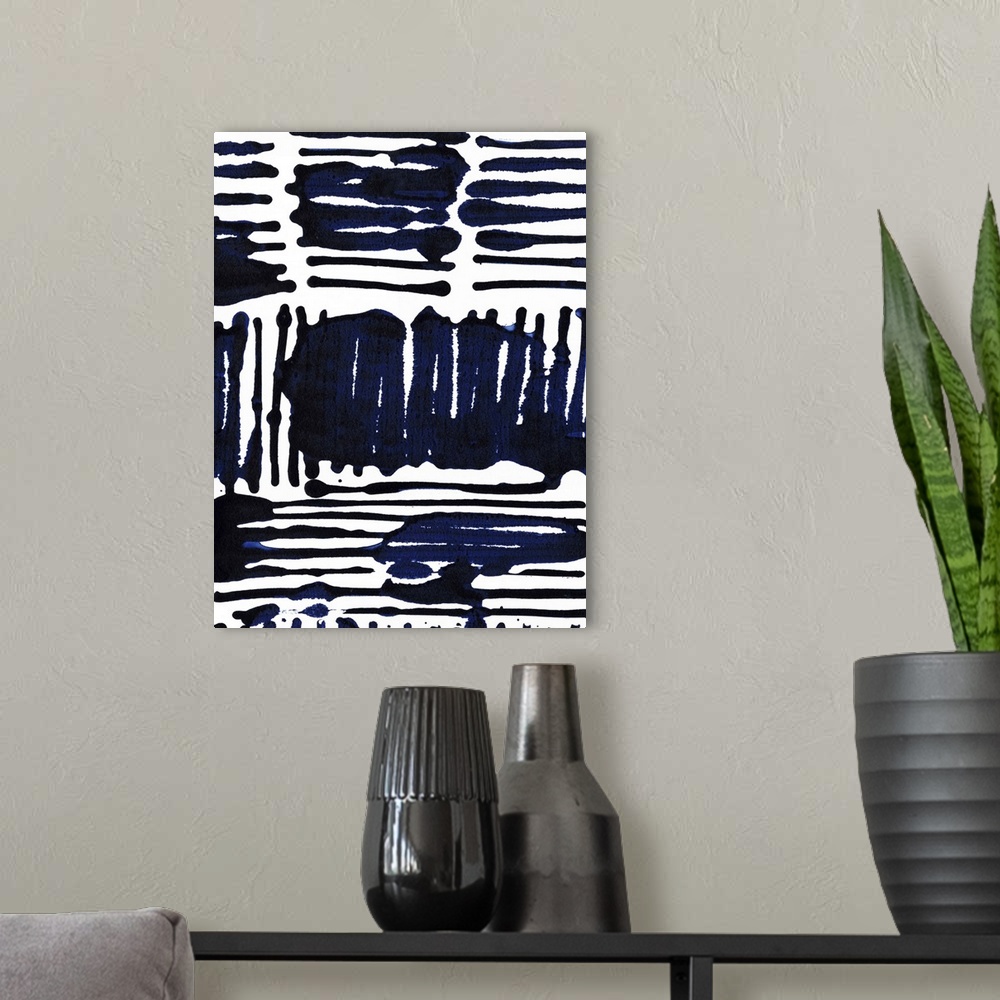 A modern room featuring Contemporary patterned artwork using dark indigo blue against a white background.
