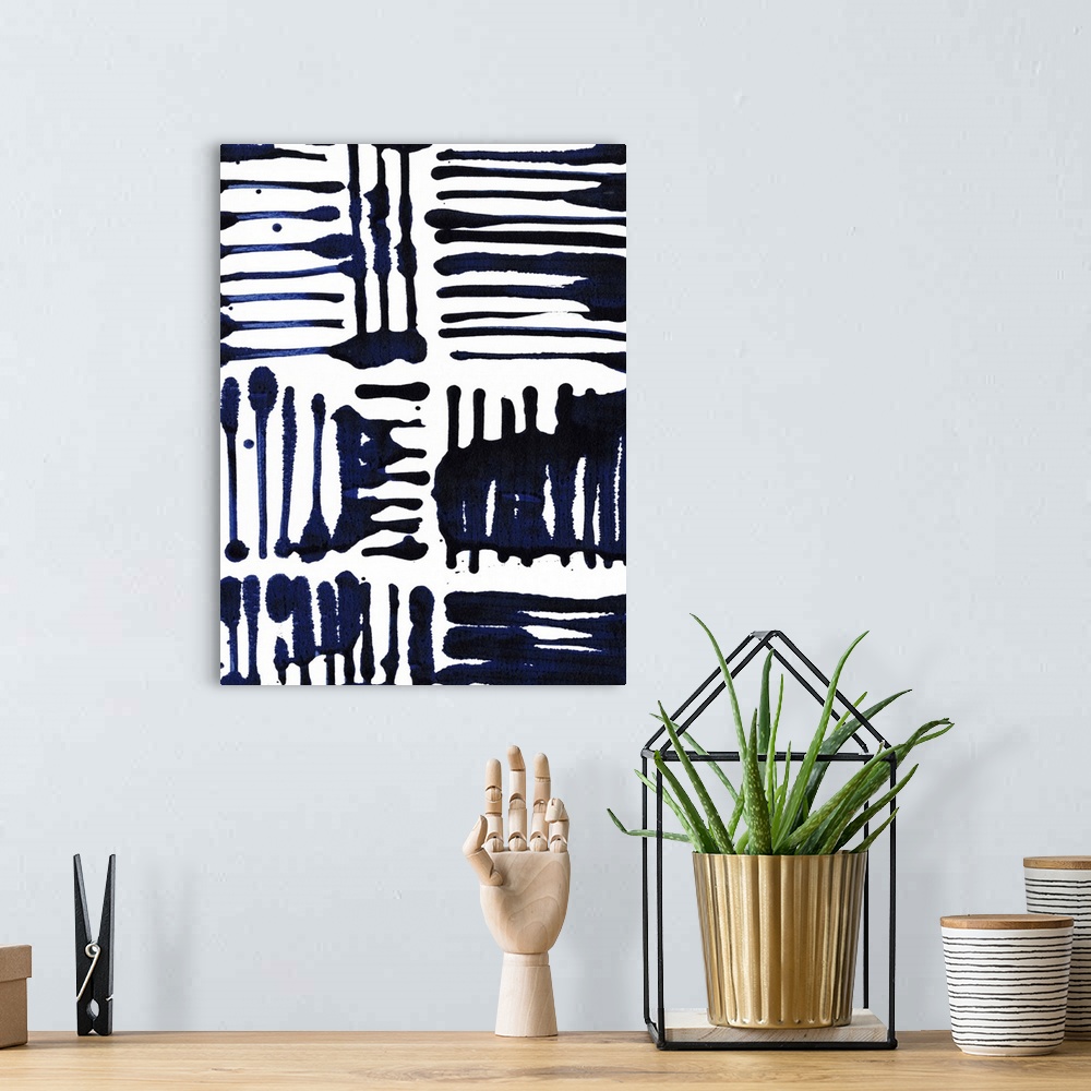 A bohemian room featuring Contemporary patterned artwork using dark indigo blue against a white background.
