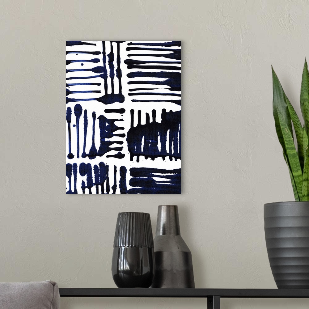 A modern room featuring Contemporary patterned artwork using dark indigo blue against a white background.