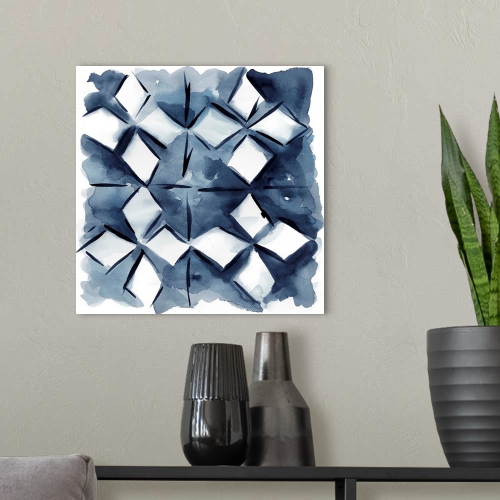 A modern room featuring Square Shibori pattern in navy blue and white.