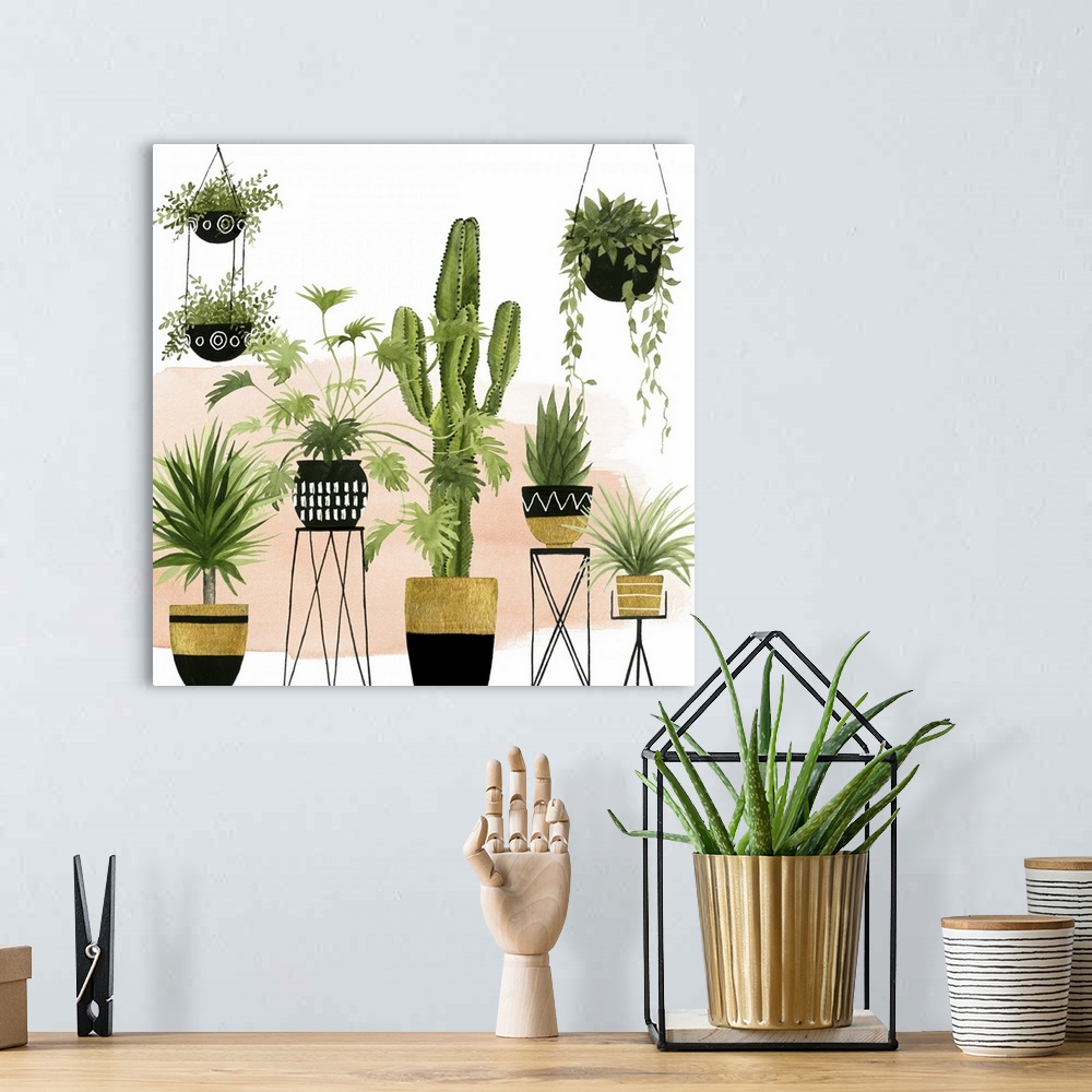 A bohemian room featuring This contemporary artwork features an array of plants in modern bohemian pots over a brushed pink...