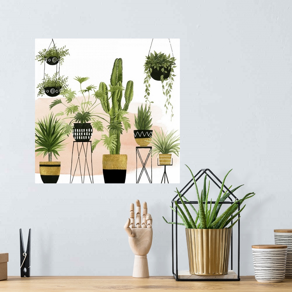 A bohemian room featuring This contemporary artwork features an array of plants in modern bohemian pots over a brushed pink...