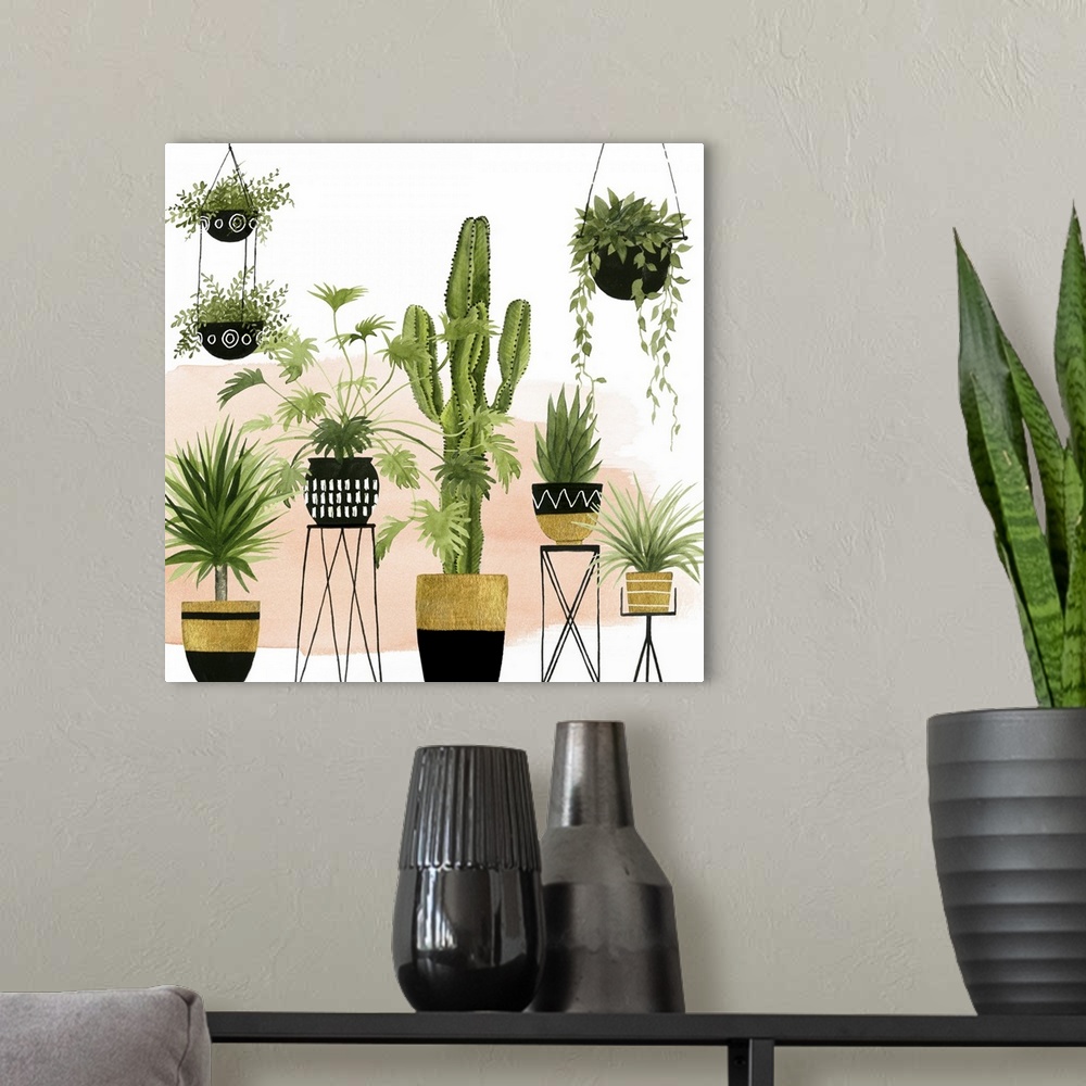 A modern room featuring This contemporary artwork features an array of plants in modern bohemian pots over a brushed pink...