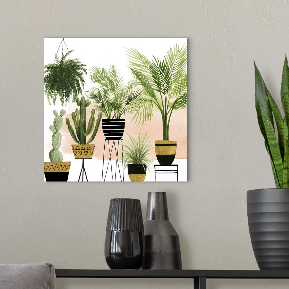 A modern room featuring This contemporary artwork features an array of plants in modern bohemian pots over a brushed pink...