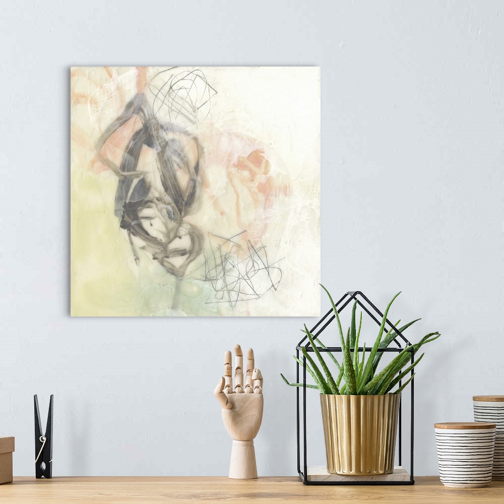 A bohemian room featuring Abstract painting of thick scribbled lines in grey and coral.