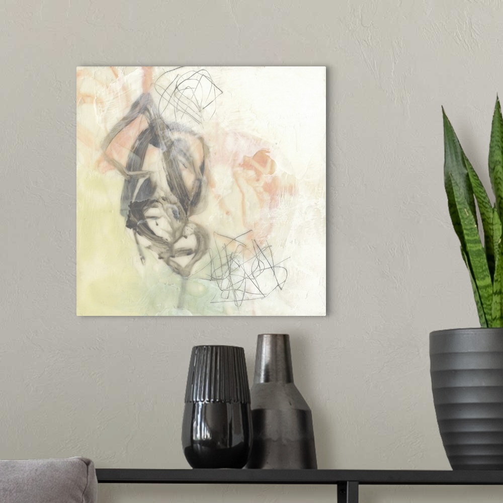 A modern room featuring Abstract painting of thick scribbled lines in grey and coral.