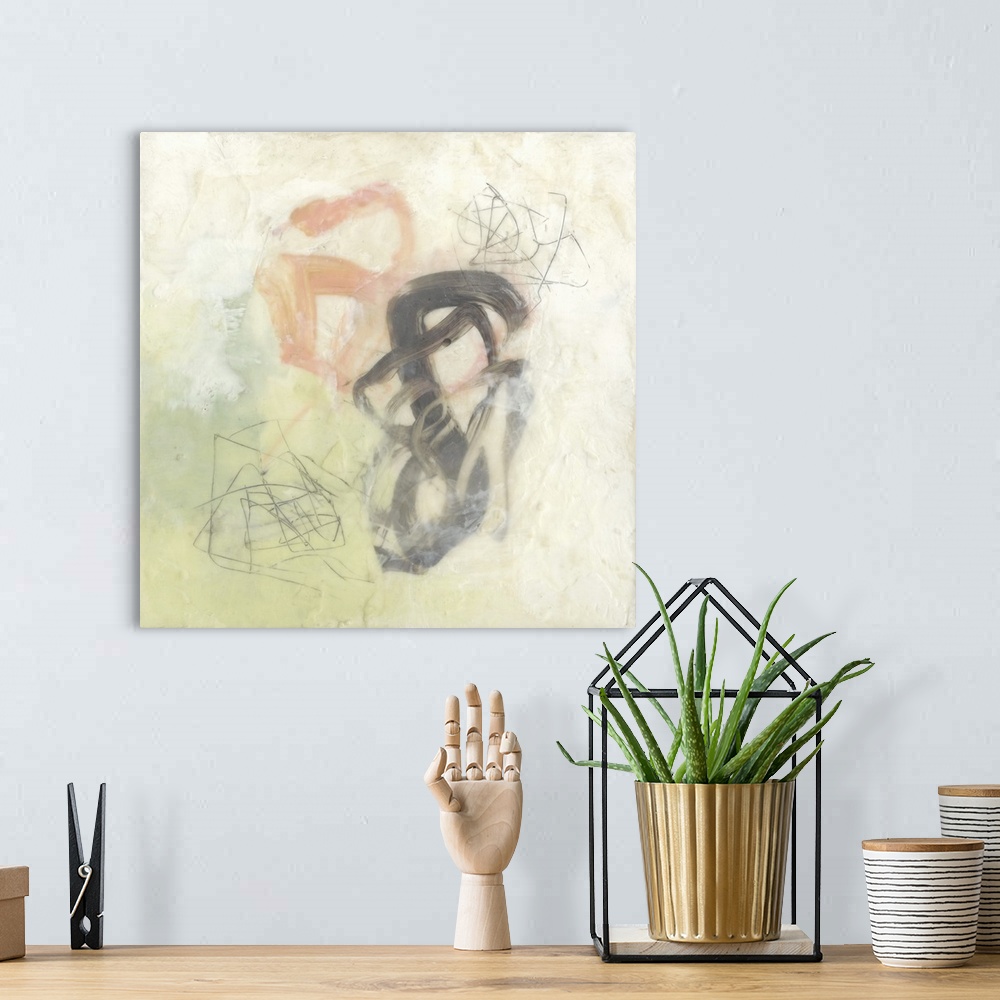 A bohemian room featuring Abstract painting of thick scribbled lines in grey and coral.