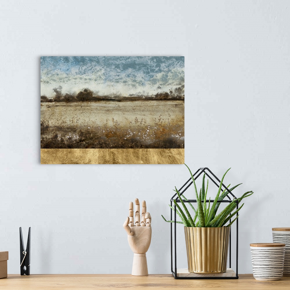 A bohemian room featuring Contemporary landscape painting of a prairie in dusty earth tones.