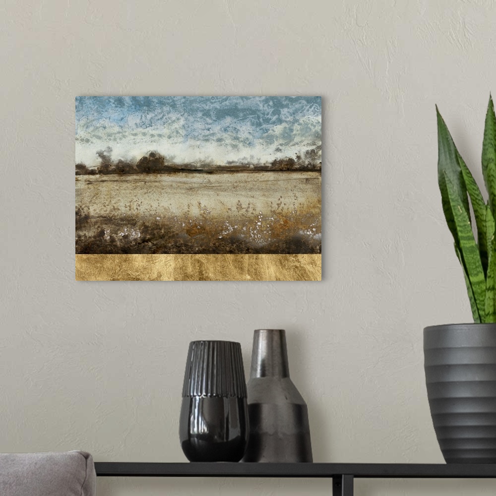 A modern room featuring Contemporary landscape painting of a prairie in dusty earth tones.