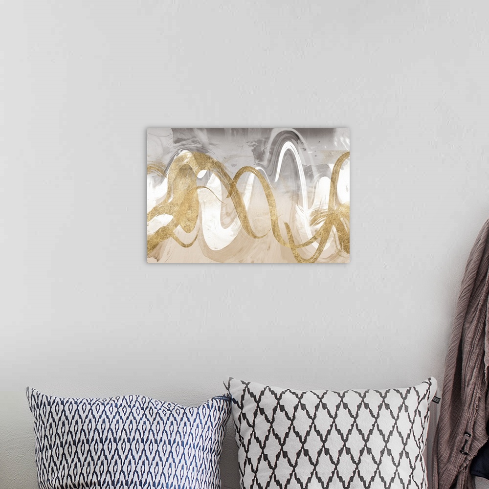 A bohemian room featuring Abstract contemporary painting of interweaving gold and white wavy lines.