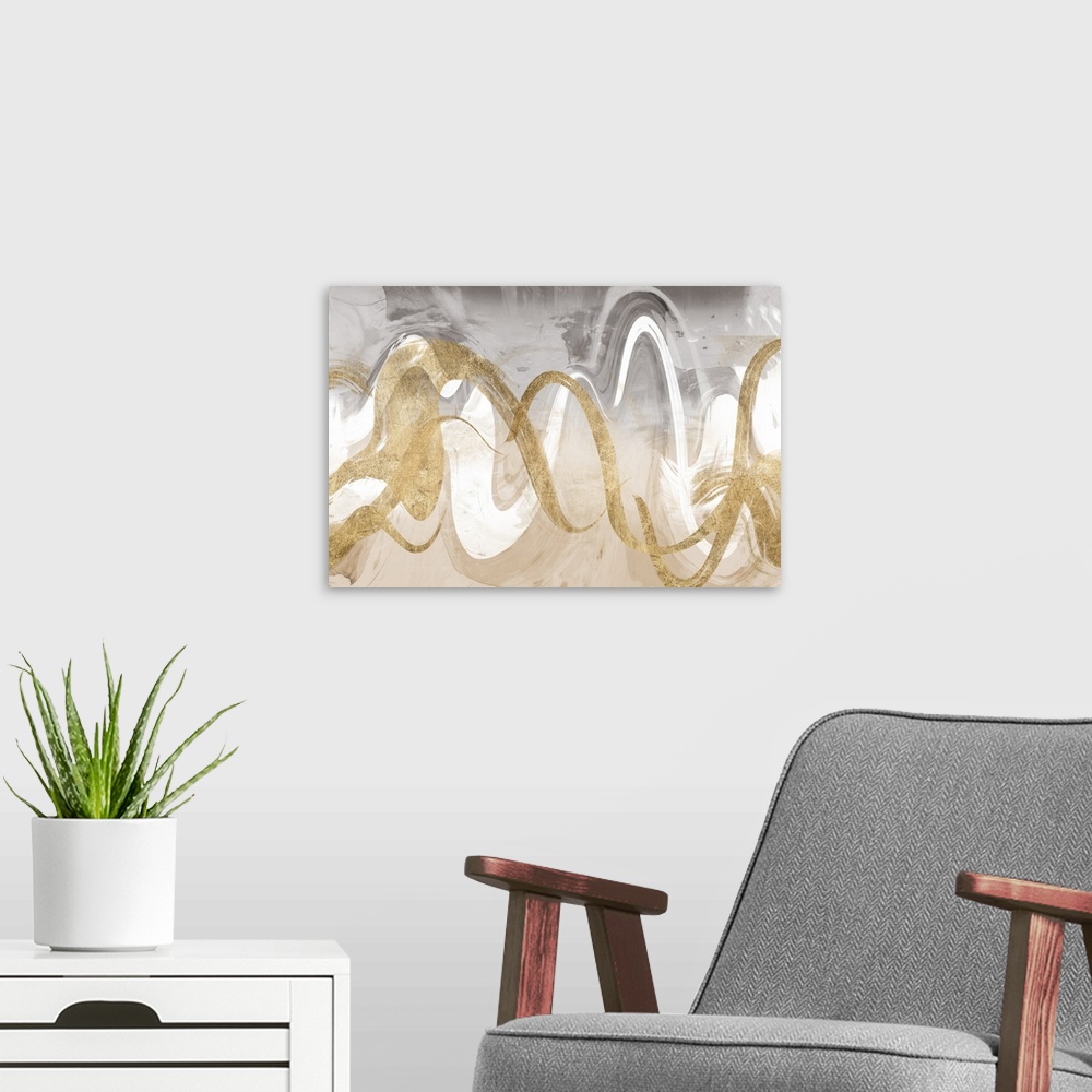 A modern room featuring Abstract contemporary painting of interweaving gold and white wavy lines.