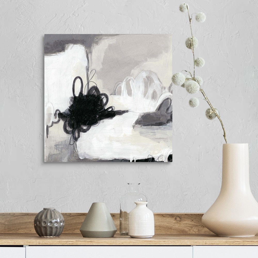 A farmhouse room featuring Abstract painting in black and white shades.