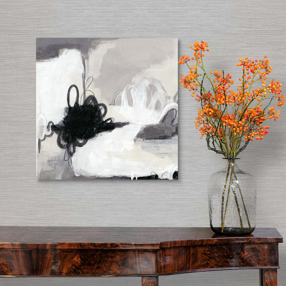 A traditional room featuring Abstract painting in black and white shades.