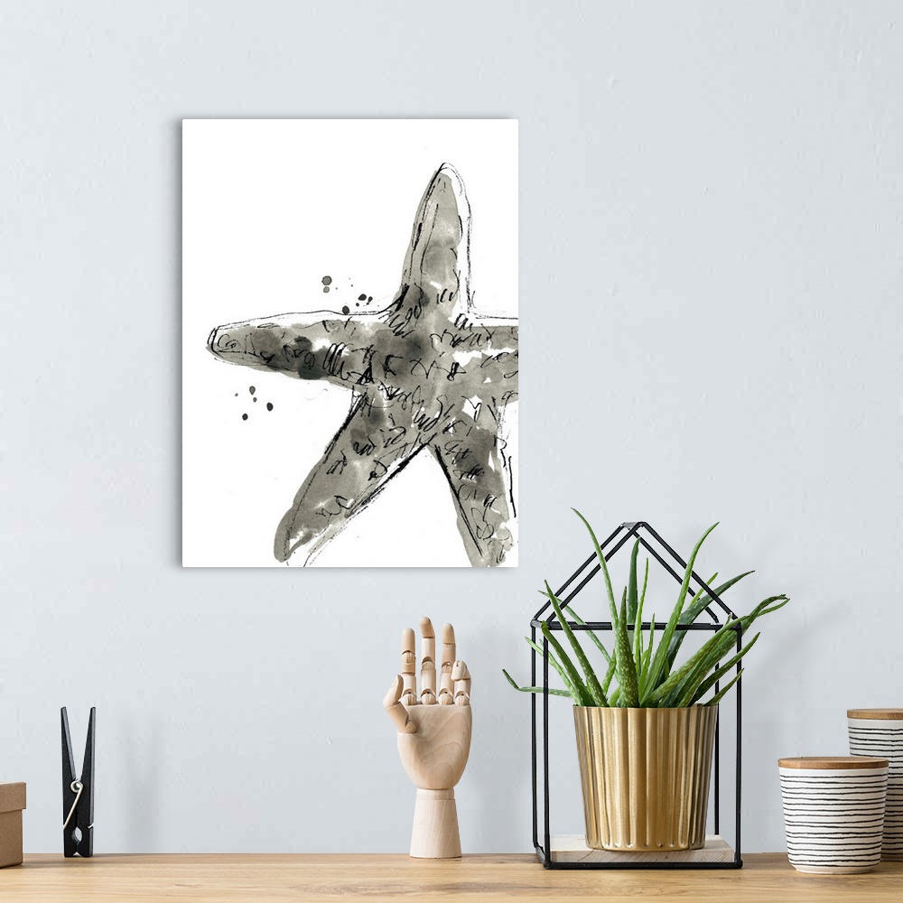 A bohemian room featuring Black and white watercolor painting of a starfish.