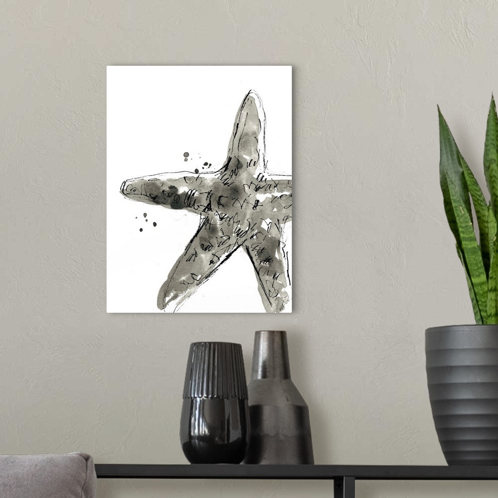 A modern room featuring Black and white watercolor painting of a starfish.