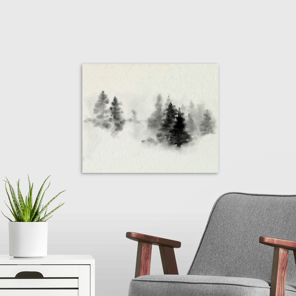 A modern room featuring Inked Pine Forest II