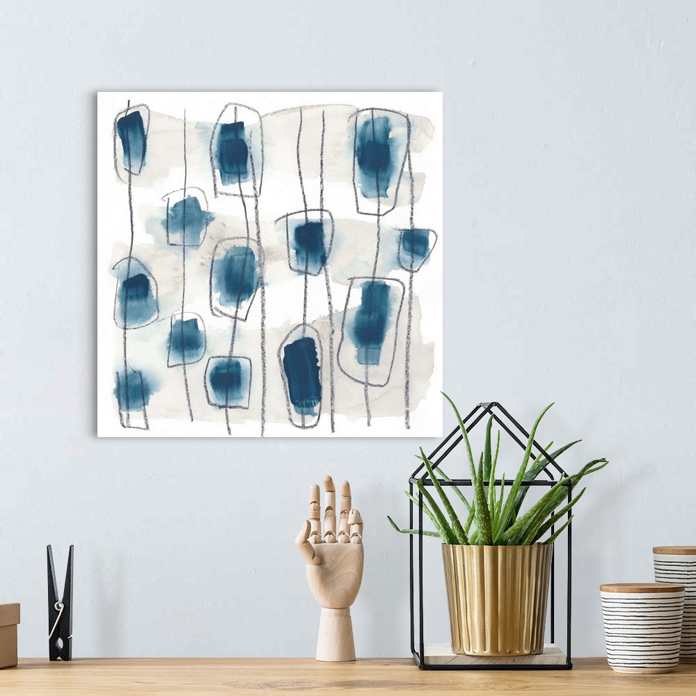 A bohemian room featuring Contemporary abstract painting in gray and indigo blue.