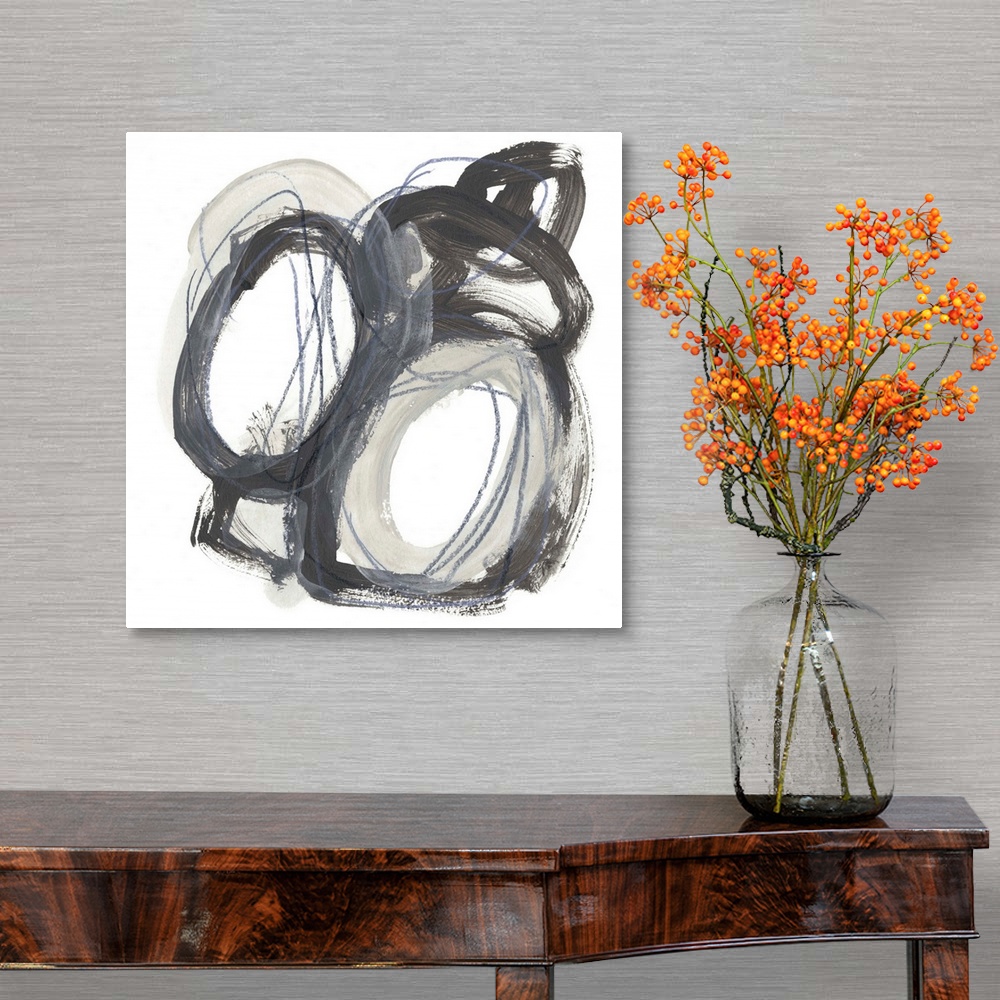 A traditional room featuring Contemporary abstract painting in various shades of gray.