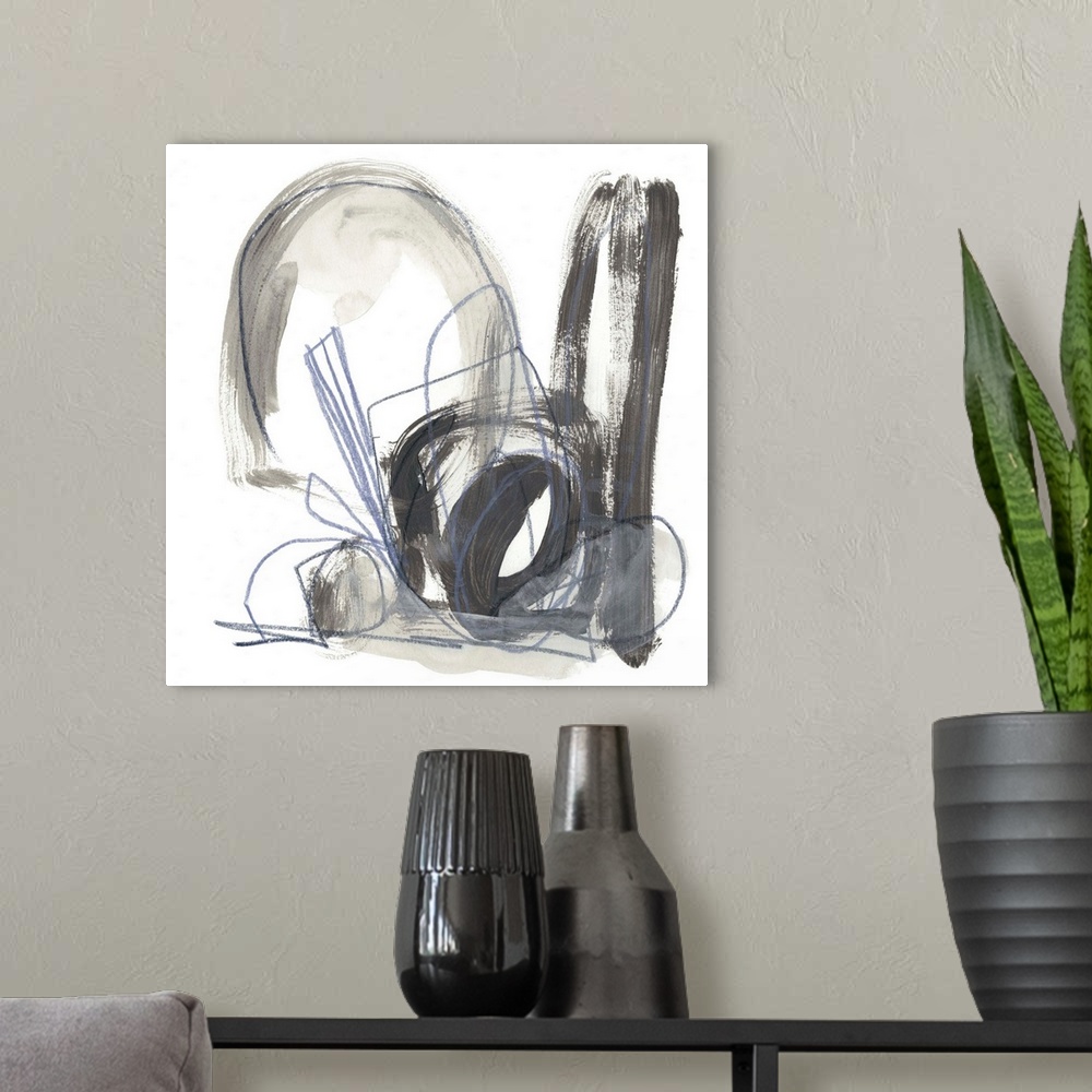 A modern room featuring Contemporary abstract painting in various shades of gray.