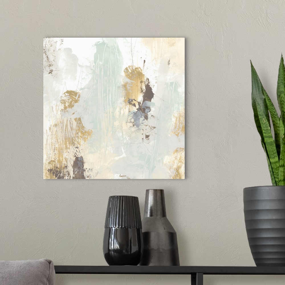 A modern room featuring Contemporary abstract painting in pale neutral shades.