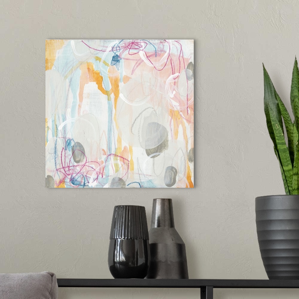 A modern room featuring Square abstract painting in light pastel colors with drips of the overlapping paint and colored s...