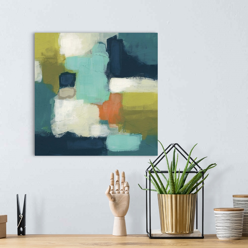 A bohemian room featuring Contemporary abstract painting in cool blue and green tones.