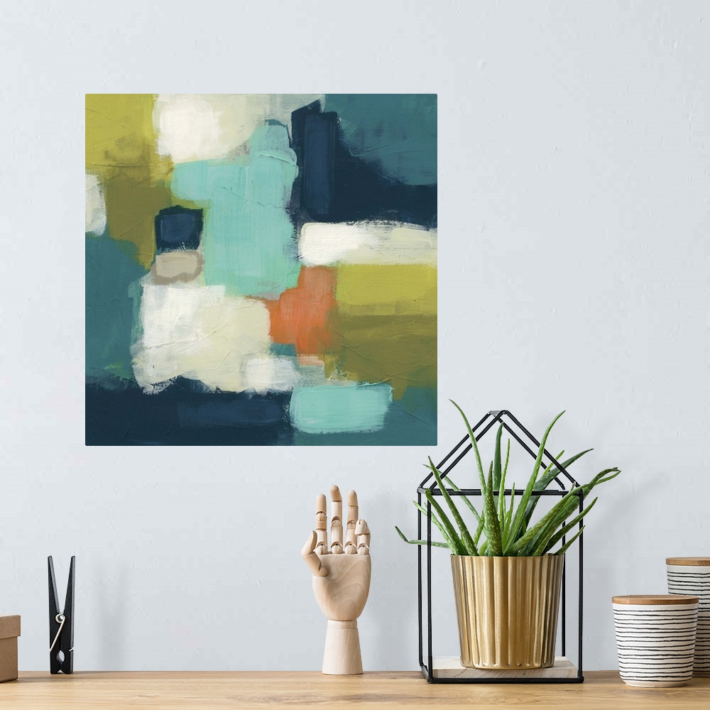 A bohemian room featuring Contemporary abstract painting in cool blue and green tones.