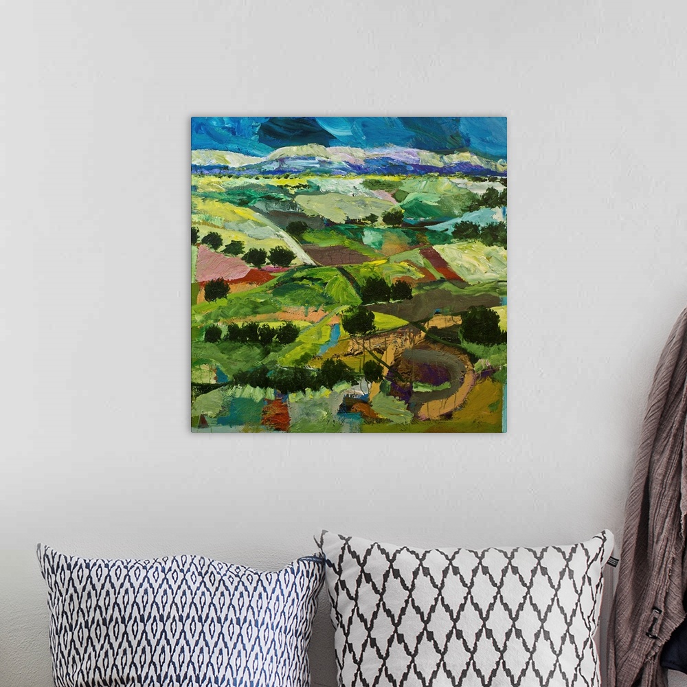 A bohemian room featuring Contemporary painting of a country landscape with many tilled fields lined with trees.