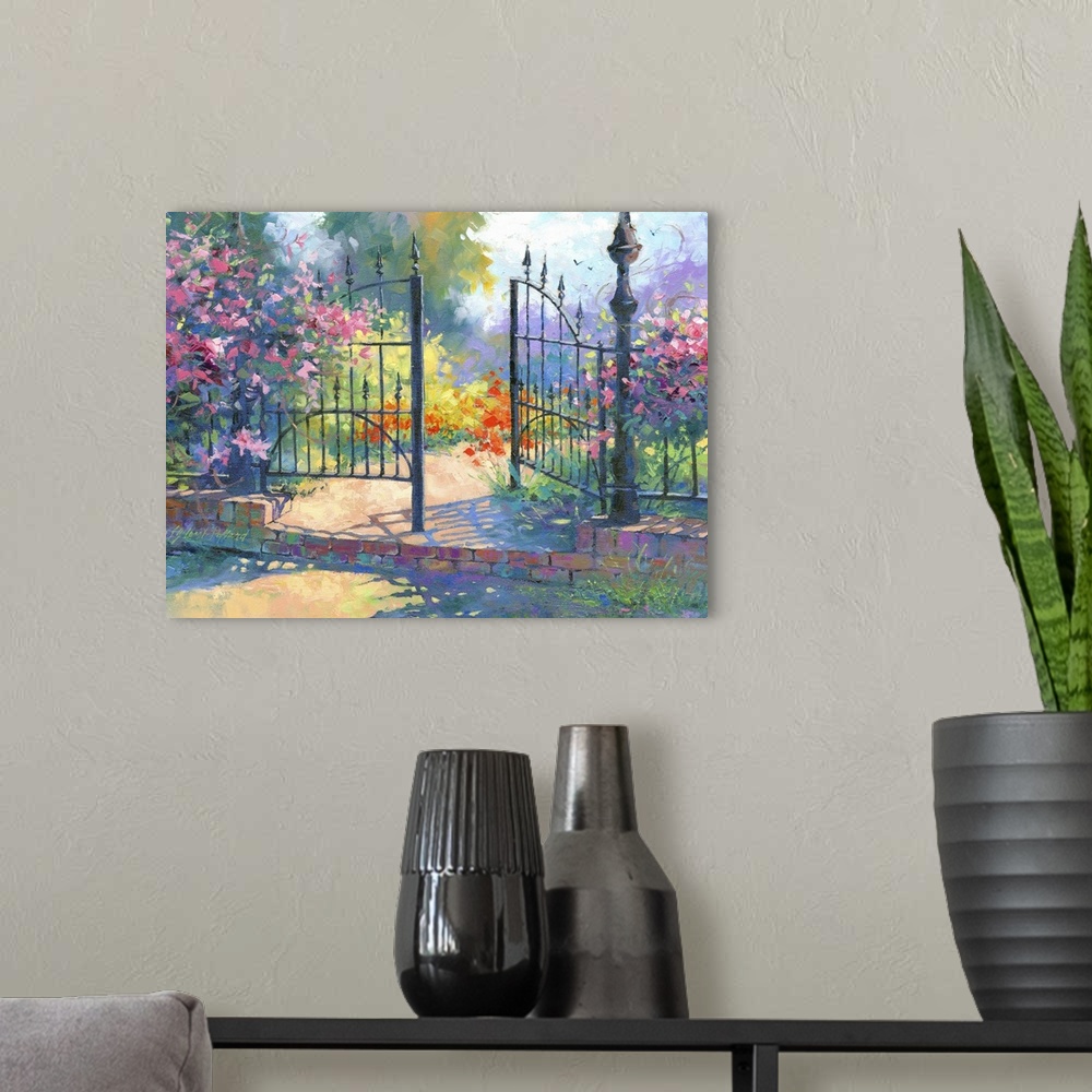 A modern room featuring Contemporary vibrant garden scene with open gate.