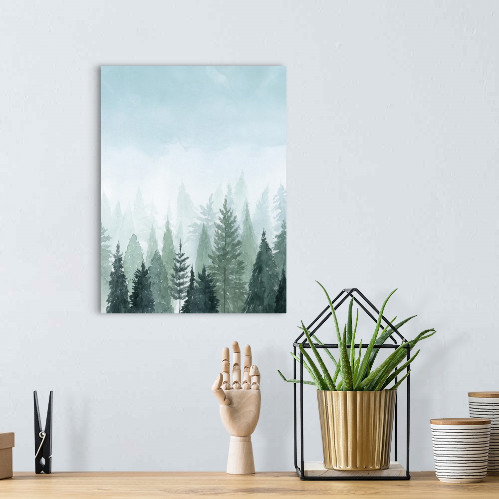 A bohemian room featuring Watercolor painting of a misty forest under a pale blue sky.