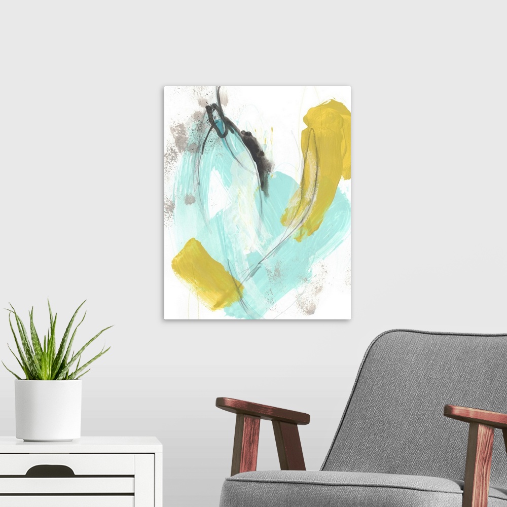 A modern room featuring Abstract artwork in summery teal and yellow tones.