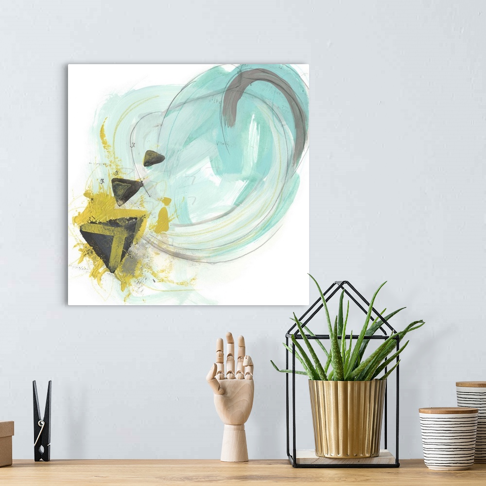 A bohemian room featuring Abstract artwork in summery teal and yellow tones.