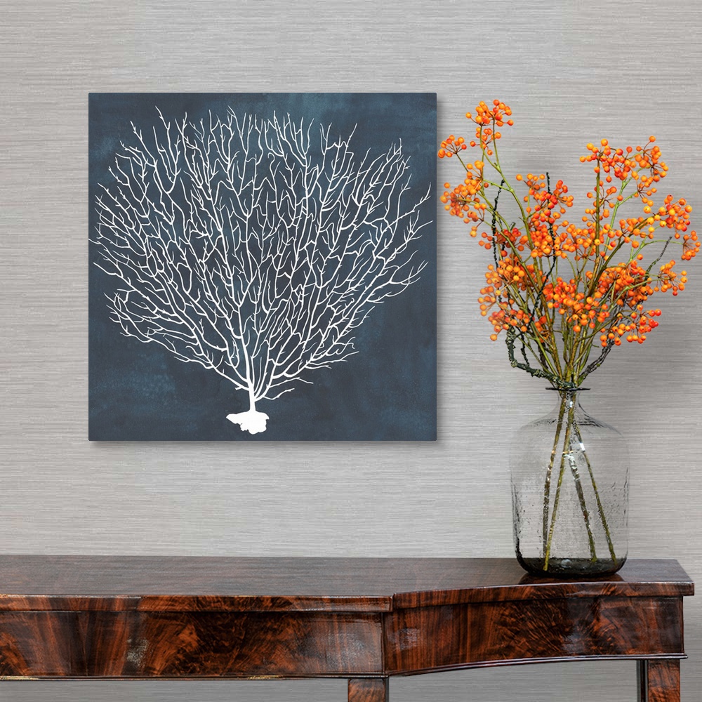 A traditional room featuring Contemporary nautical themed artwork of a sea fan in white against a dark navy blue background.