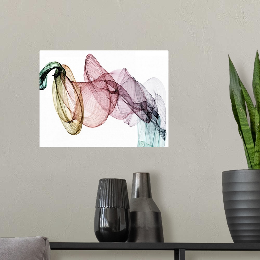 A modern room featuring In this photo, ribbons of color flow over a white background to illustrate the beauty of the unkn...