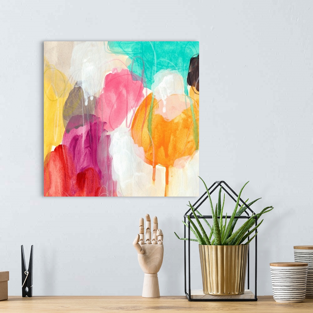 A bohemian room featuring Colorful contemporary abstract artwork using globular shapes overlapping one another.
