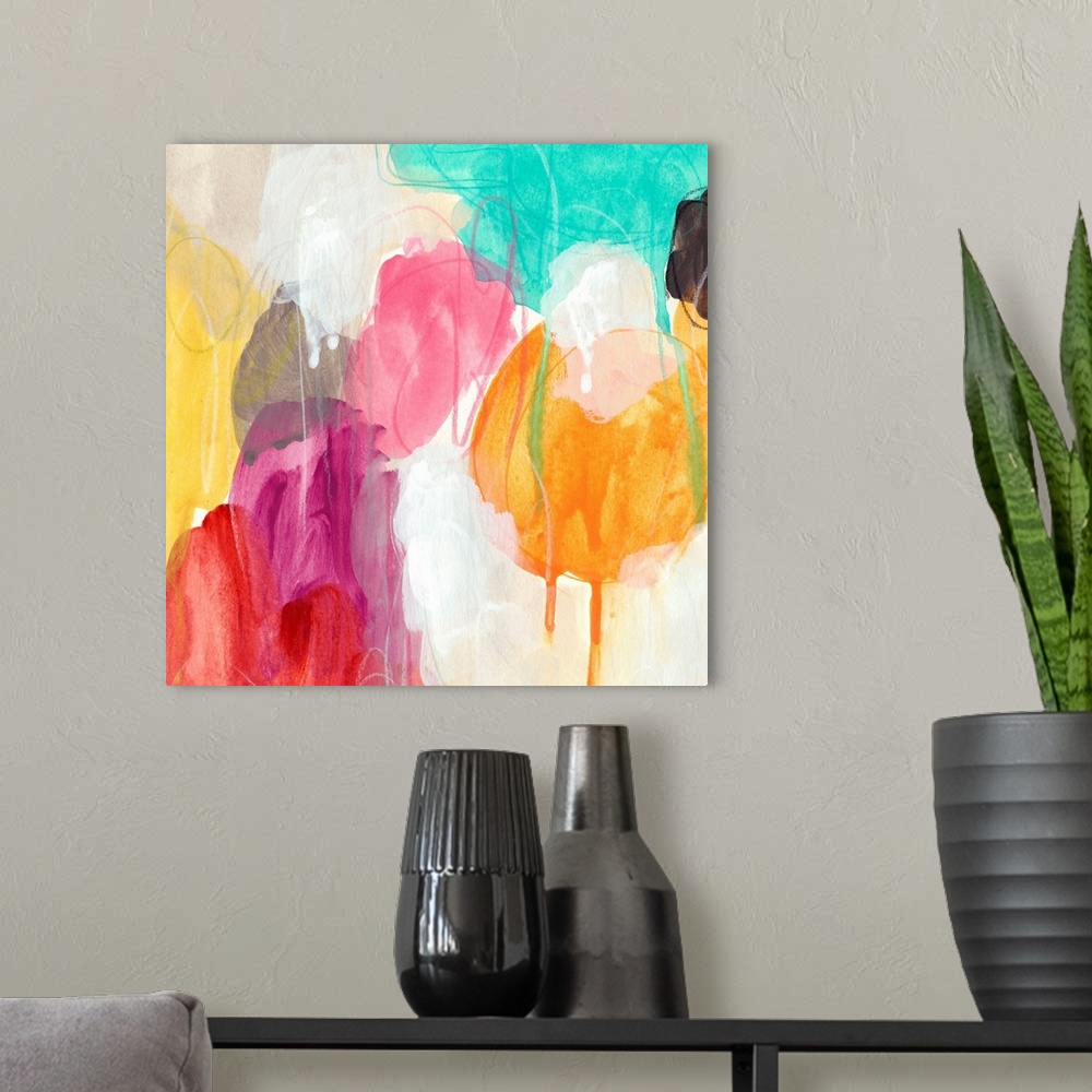 A modern room featuring Colorful contemporary abstract artwork using globular shapes overlapping one another.