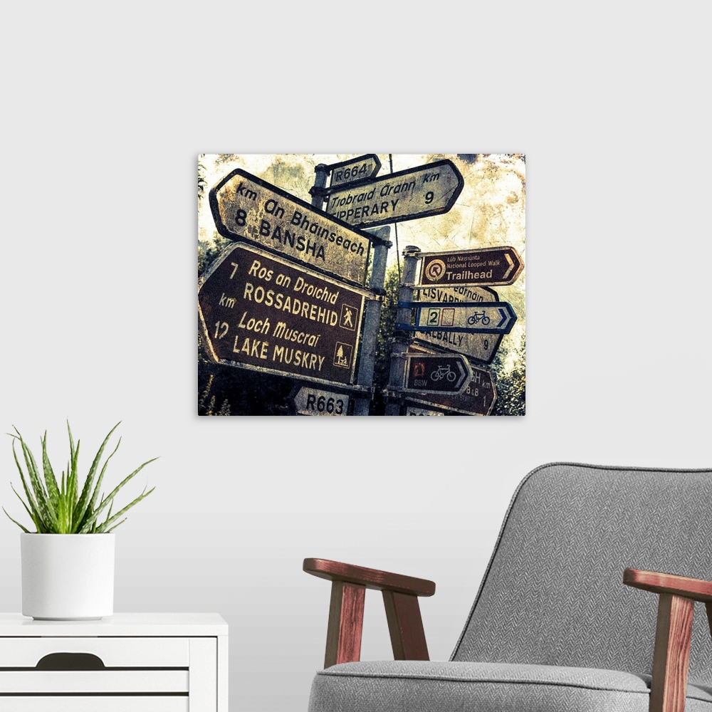 A modern room featuring Fine art photo of a signpost in Ireland with several directional signs, with a grunge effect.