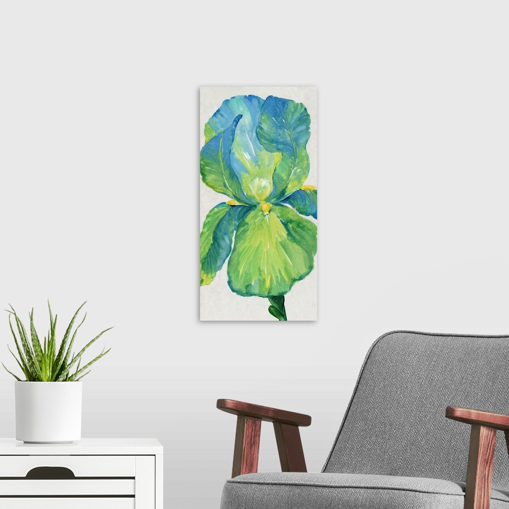A modern room featuring Iris Bloom In Green I