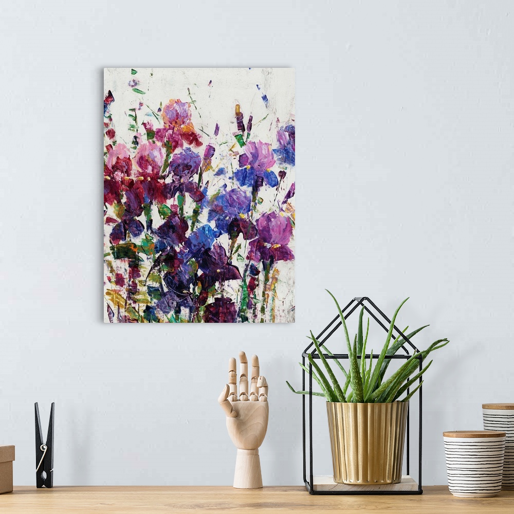 A bohemian room featuring Contemporary painting of a group of vibrant flowers.