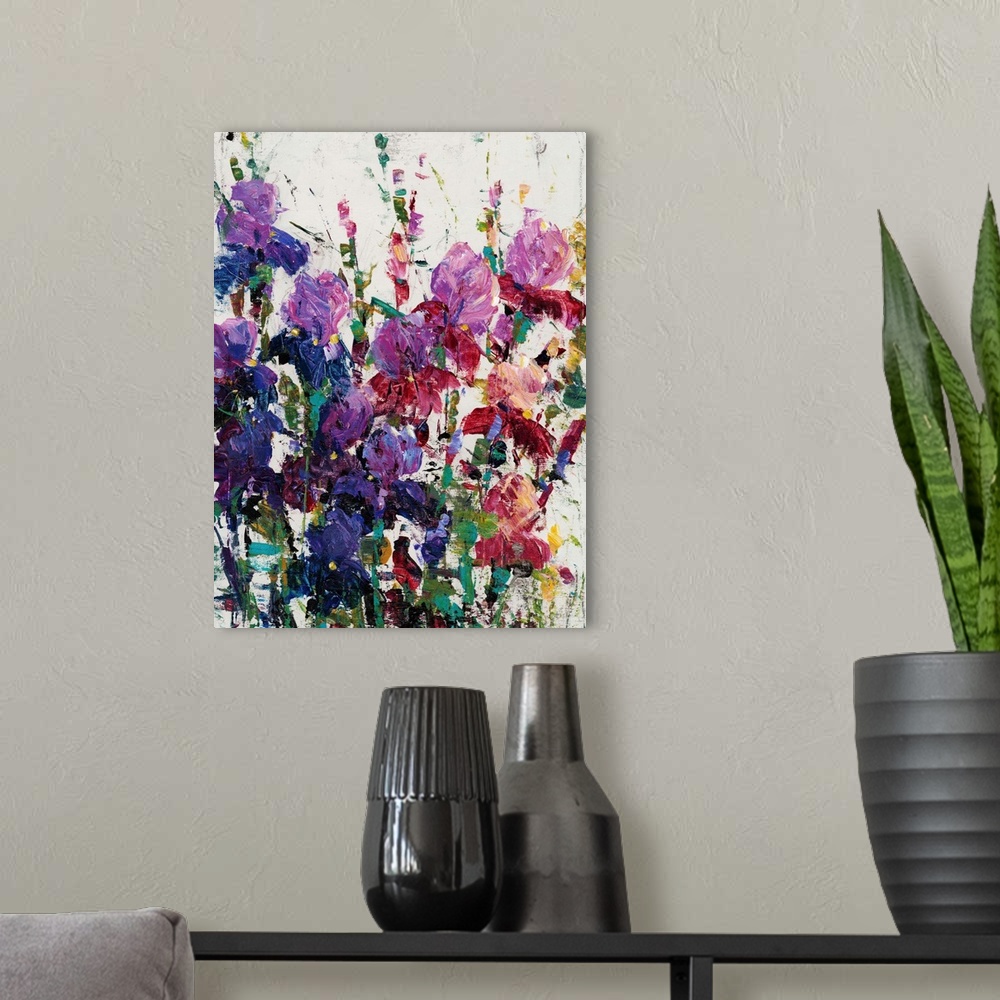 A modern room featuring Contemporary painting of a group of vibrant flowers.